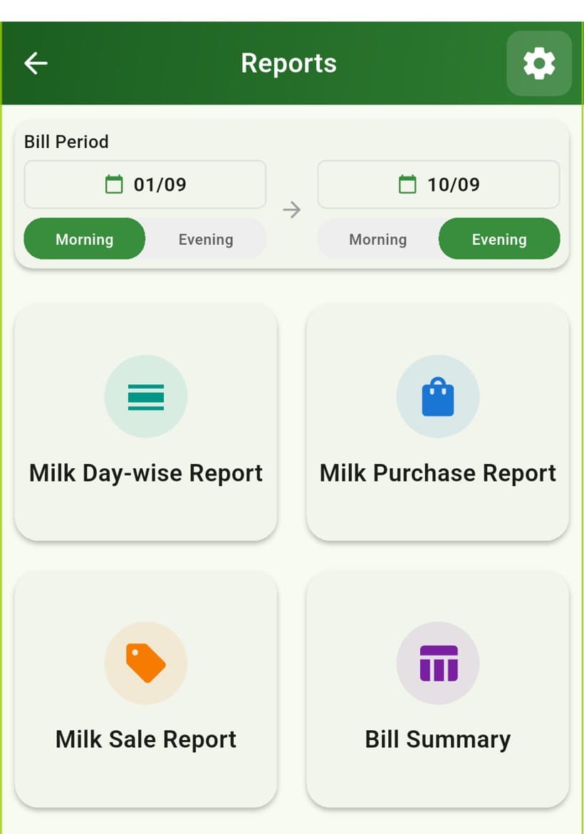 The reports screen with day-wise, purchase, sale and bill summary reports