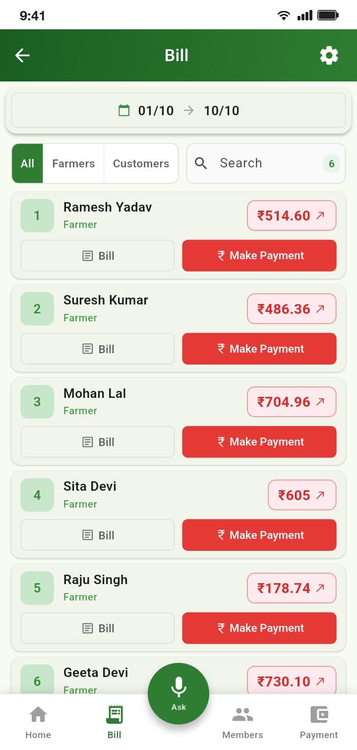 Bills for every member with the amount due