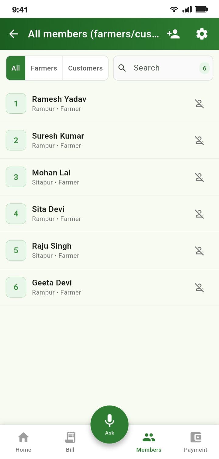 The member list with each farmer's village